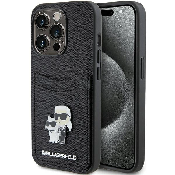Etui Karl Lagerfeld Saffiano Cardslot Karl&Choupette Metal Pin do iPhone 15 Pro - czarne