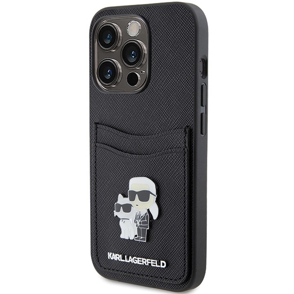 Etui Karl Lagerfeld Saffiano Cardslot Karl&Choupette Metal Pin do iPhone 15 Pro - czarne