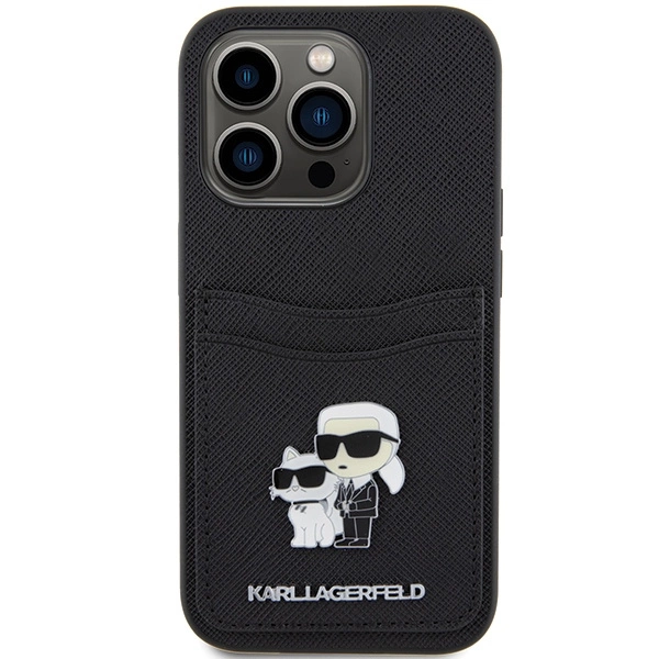 Etui Karl Lagerfeld Saffiano Cardslot Karl&Choupette Metal Pin do iPhone 15 Pro - czarne