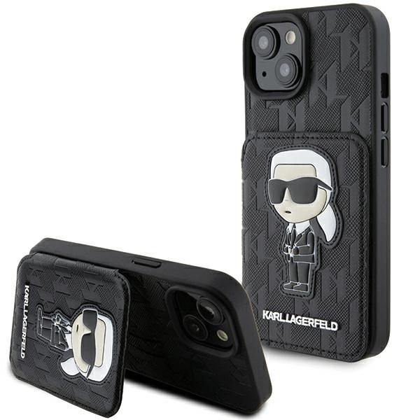 Etui Karl Lagerfeld Saffiano Cardslots and Stand Monogram Ikonik Patch do iPhone 15 - czarne