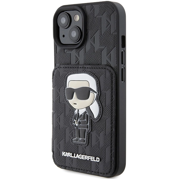 Etui Karl Lagerfeld Saffiano Cardslots and Stand Monogram Ikonik Patch do iPhone 15 - czarne