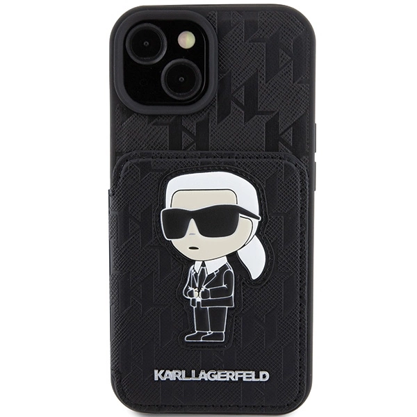 Etui Karl Lagerfeld Saffiano Cardslots and Stand Monogram Ikonik Patch do iPhone 15 - czarne