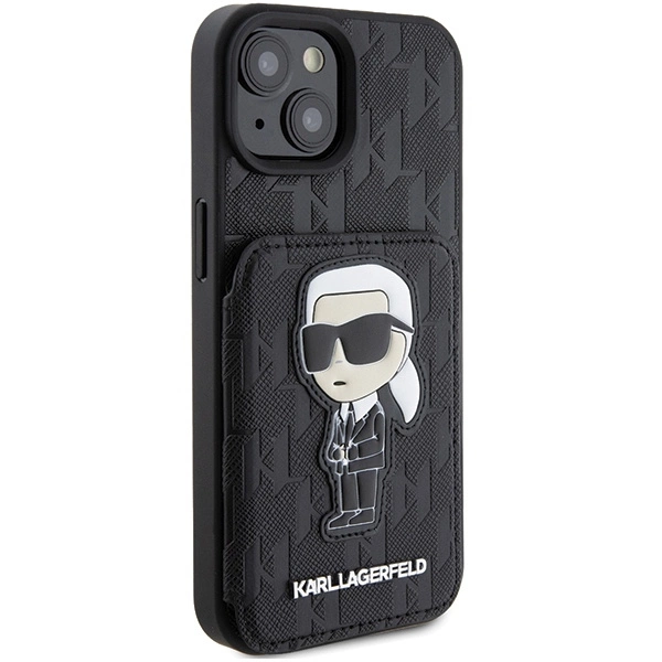 Etui Karl Lagerfeld Saffiano Cardslots and Stand Monogram Ikonik Patch do iPhone 15 - czarne