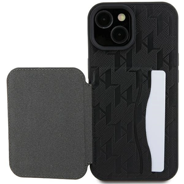 Etui Karl Lagerfeld Saffiano Cardslots and Stand Monogram Ikonik Patch do iPhone 15 - czarne