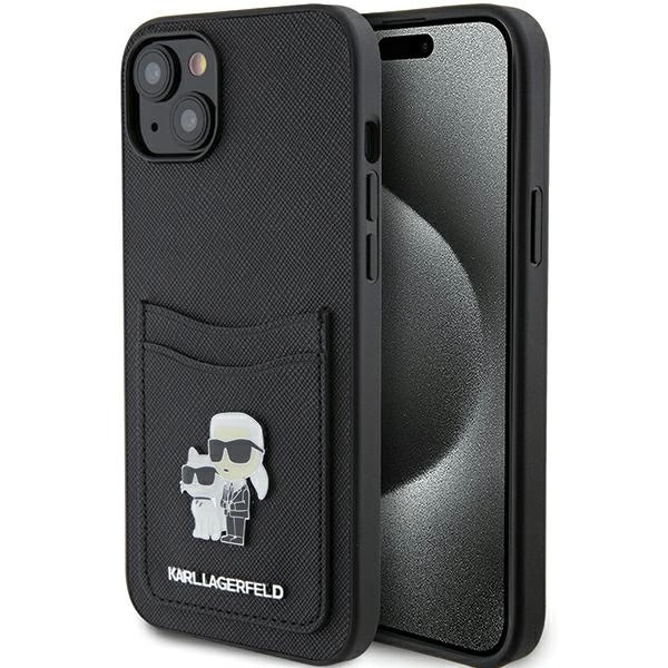 Etui Karl Lagerfeld Saffiano Cardslot Karl&Choupette Metal Pin do iPhone 15 - czarne