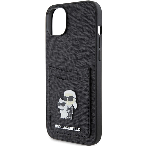 Etui Karl Lagerfeld Saffiano Cardslot Karl&Choupette Metal Pin do iPhone 15 - czarne
