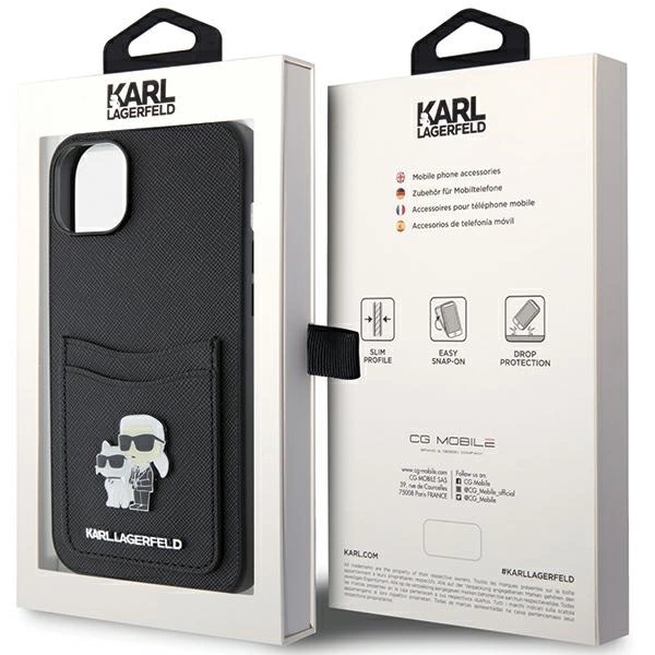 Etui Karl Lagerfeld Saffiano Cardslot Karl&Choupette Metal Pin do iPhone 15 - czarne