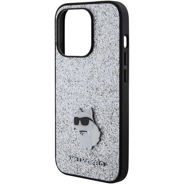 Etui Karl Lagerfeld Fixed Glitter Choupette Logo Metal Pin do iPhone 15 Pro Max - srebrne