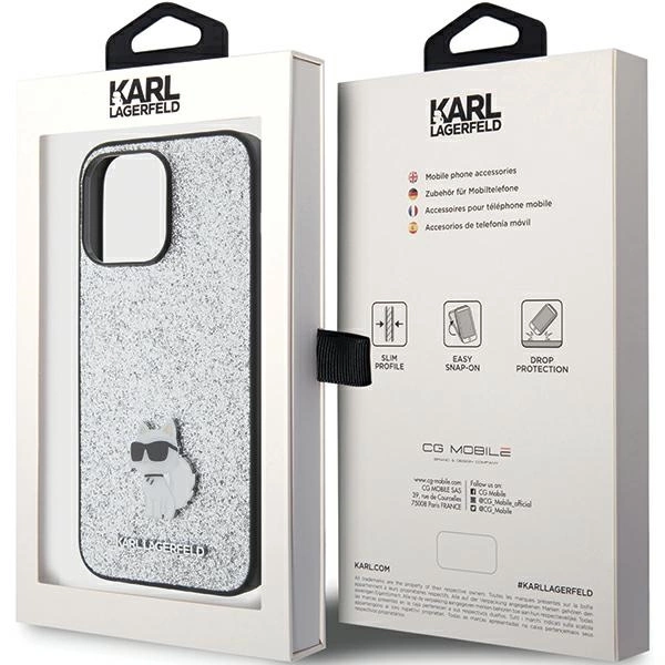 Etui Karl Lagerfeld Fixed Glitter Choupette Logo Metal Pin do iPhone 15 Pro Max - srebrne