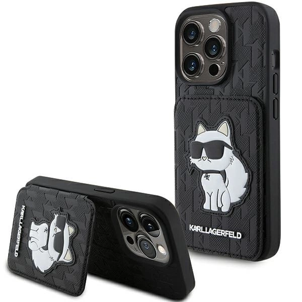 Etui Karl Lagerfeld Saffiano Cardslots and Stand Monogram Choupette do iPhone 15 Pro Max - czarne