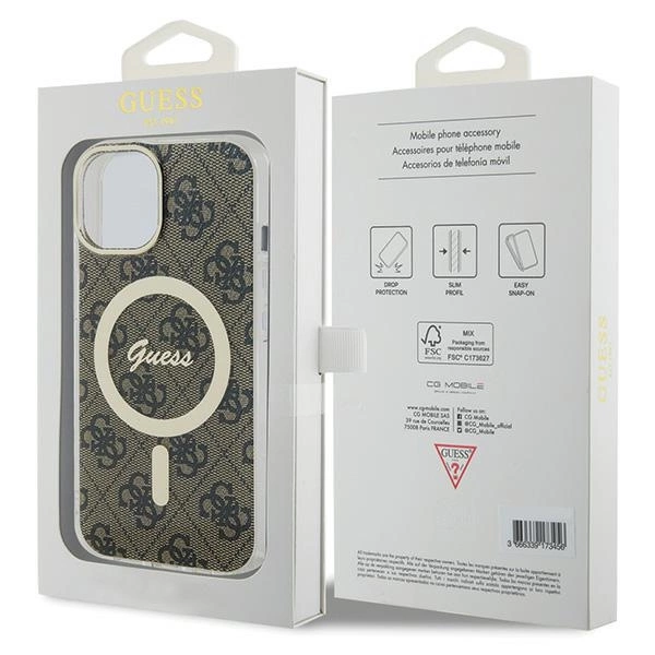 Etui Guess IML 4G MagSafe na iPhone 15 Plus - brązowe