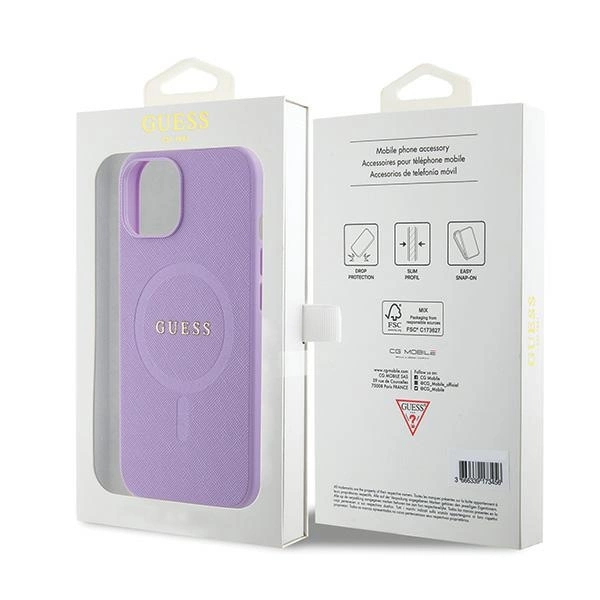 Etui Guess Saffiano MagSafe do iPhone 15 Plus - fioletowe