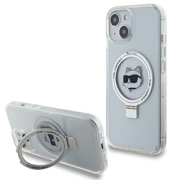 Etui Karl Lagerfeld Ring Stand Choupette Head MagSafe do iPhone 15 Plus - białe