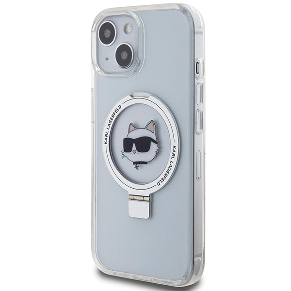 Etui Karl Lagerfeld Ring Stand Choupette Head MagSafe do iPhone 15 Plus - białe