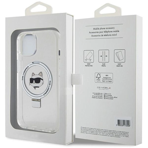 Etui Karl Lagerfeld Ring Stand Choupette Head MagSafe do iPhone 15 Plus - białe