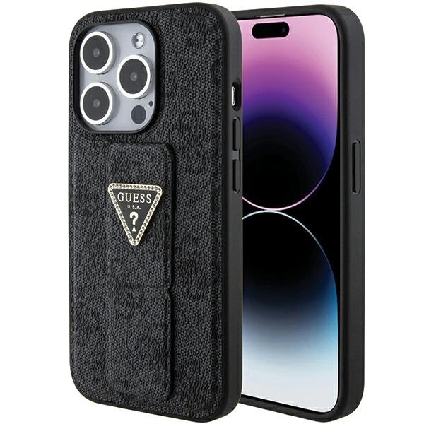Etui Guess Grip Stand 4G Triangle Strass na iPhone 15 Pro - czarne