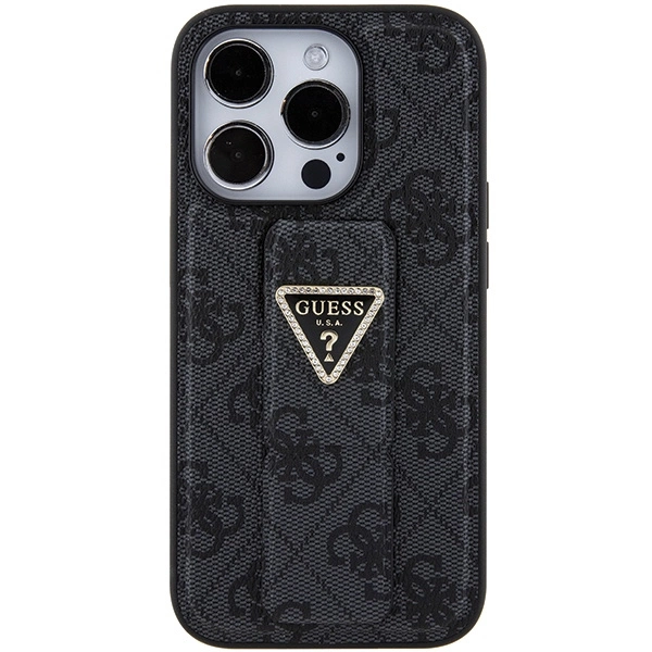 Etui Guess Grip Stand 4G Triangle Strass na iPhone 15 Pro - czarne