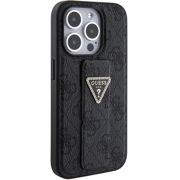 Etui Guess Grip Stand 4G Triangle Strass na iPhone 15 Pro - czarne