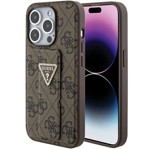 Etui Guess Grip Stand 4G Triangle Strass na iPhone 15 Pro - brązowe