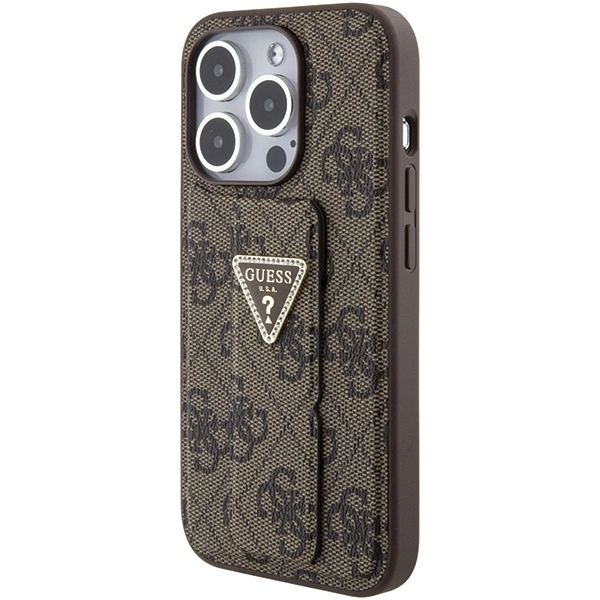 Etui Guess Grip Stand 4G Triangle Strass na iPhone 15 Pro - brązowe