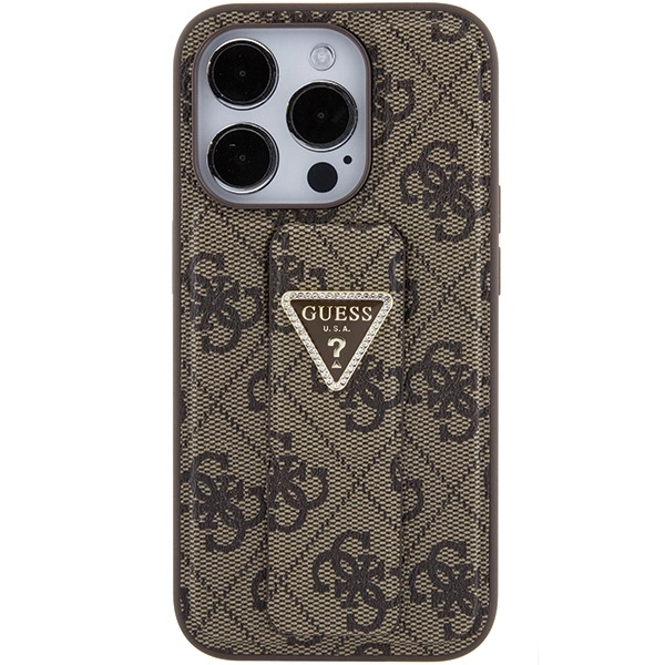 Etui Guess Grip Stand 4G Triangle Strass na iPhone 15 Pro - brązowe