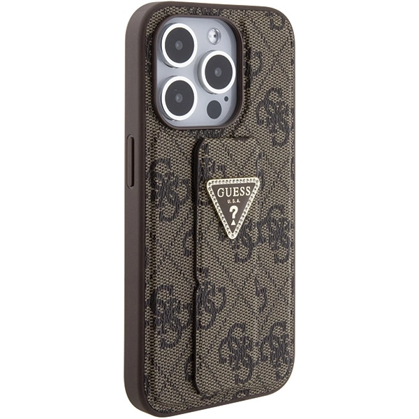 Etui Guess Grip Stand 4G Triangle Strass na iPhone 15 Pro - brązowe