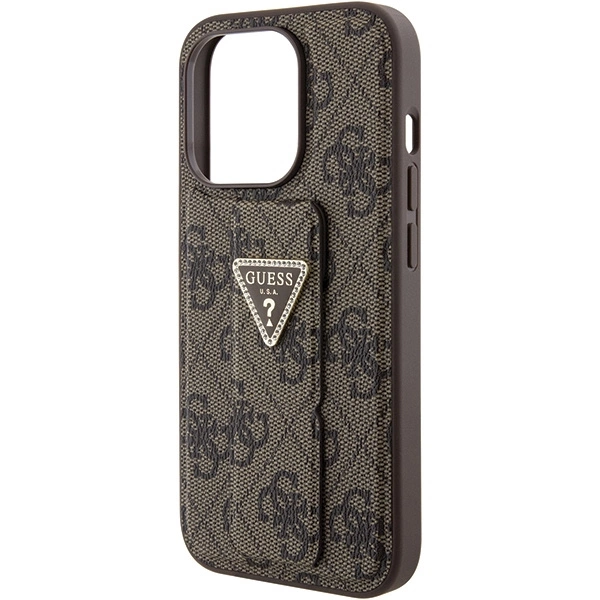 Etui Guess Grip Stand 4G Triangle Strass na iPhone 15 Pro - brązowe