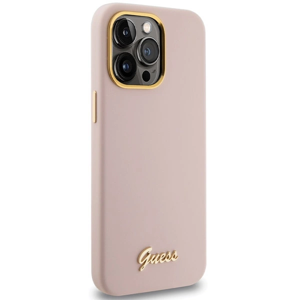 Etui Guess Silicone Script Metal Logo & Frame na iPhone 15 Pro - różowe