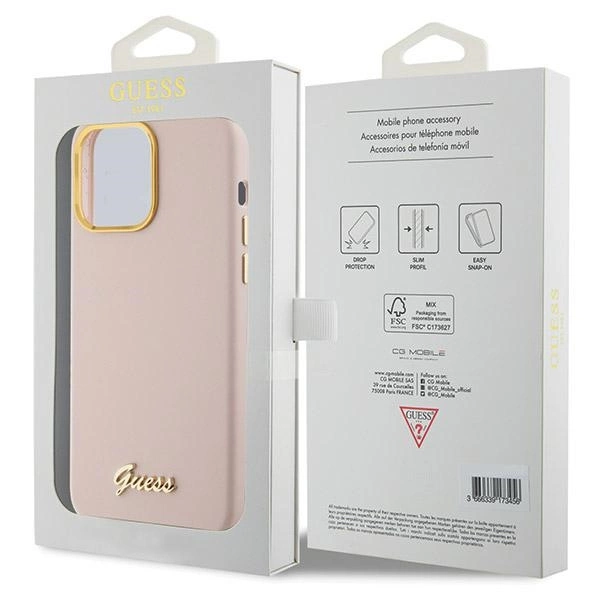 Etui Guess Silicone Script Metal Logo & Frame na iPhone 15 Pro - różowe