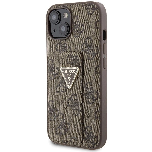 Etui Guess Grip Stand 4G Triangle Strass na iPhone 15 - brązowe