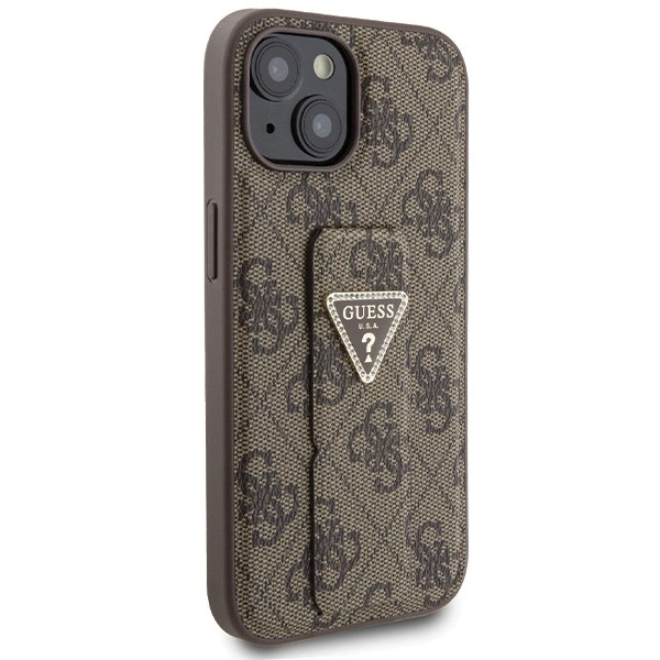 Etui Guess Grip Stand 4G Triangle Strass na iPhone 15 - brązowe