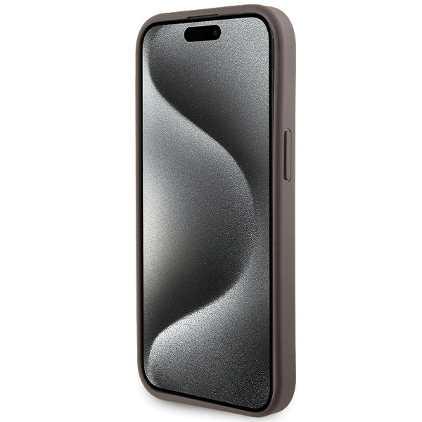 Etui Guess Grip Stand 4G Triangle Strass na iPhone 15 - brązowe