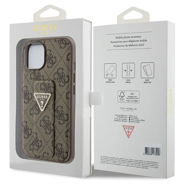 Etui Guess Grip Stand 4G Triangle Strass na iPhone 15 - brązowe