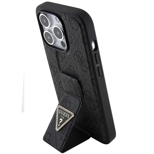Etui Guess Grip Stand 4G Triangle Strass na iPhone 15 Pro Max - czarne