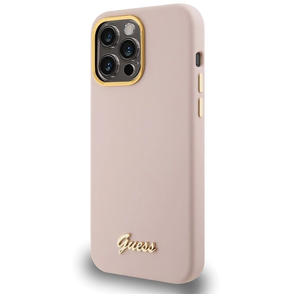 Etui Guess Silicone Script Metal Logo & Frame na iPhone 15 Pro Max - różowe