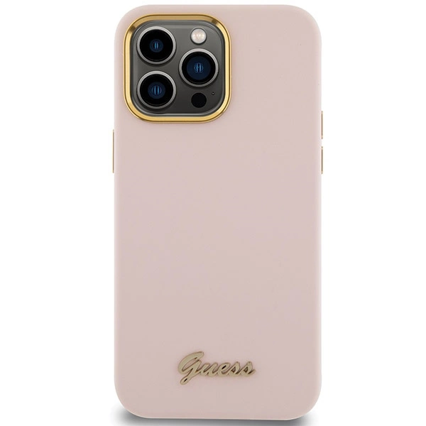 Etui Guess Silicone Script Metal Logo & Frame na iPhone 15 Pro Max - różowe