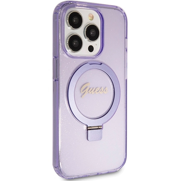 Etui Guess Ring Stand Script Glitter MagSafe na iPhone 15 Pro - fioletowe
