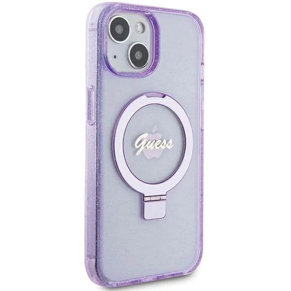 Etui Guess Ring Stand Script Glitter MagSafe na iPhone 15 Plus / 14 Plus - fioletowe