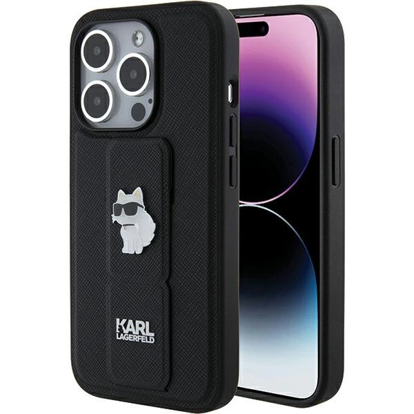 Etui Karl Lagerfeld Gripstand Saffiano Choupette Pins na iPhone 15 Pro - czarne