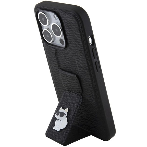 Etui Karl Lagerfeld Gripstand Saffiano Choupette Pins na iPhone 15 Pro - czarne