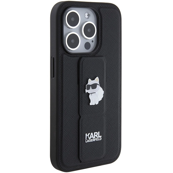 Etui Karl Lagerfeld Gripstand Saffiano Choupette Pins na iPhone 15 Pro - czarne
