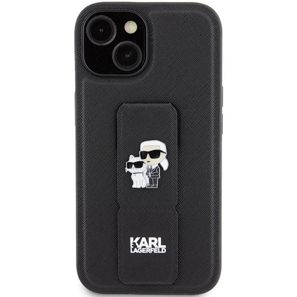 Etui Karl Lagerfeld Gripstand Saffiano Karl&Choupette Pins na iPhone 15 Plus / 14 Plus - czarne
