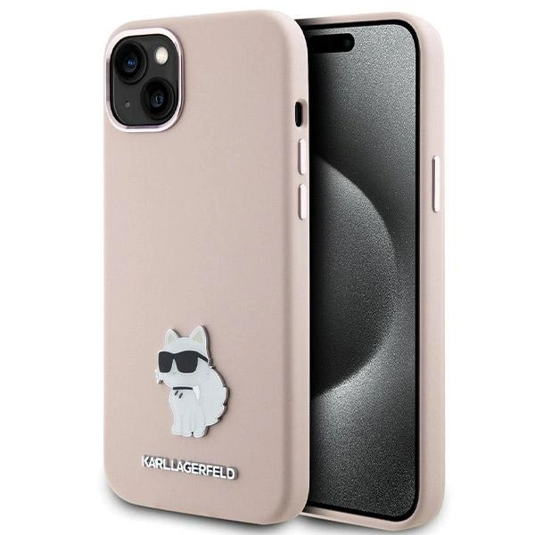 Etui Karl Lagerfeld Silicone Choupette Metal Pin na iPhone 15 Plus / 14 Plus - różowe