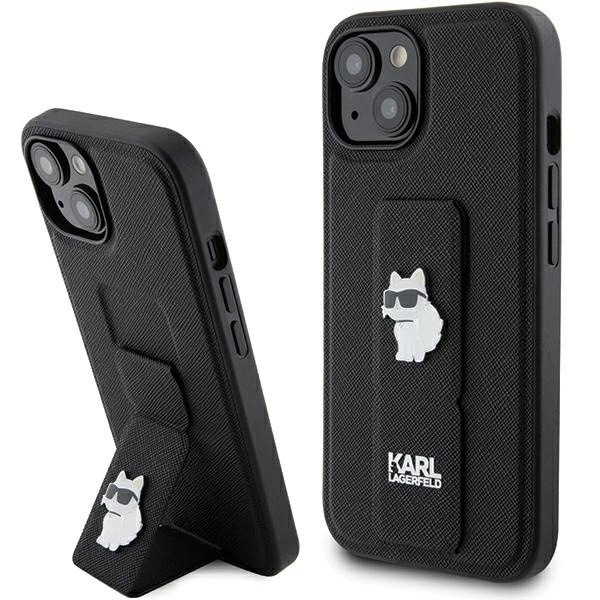 Etui Karl Lagerfeld Gripstand Saffiano Choupette Pins na iPhone 15 - czarne