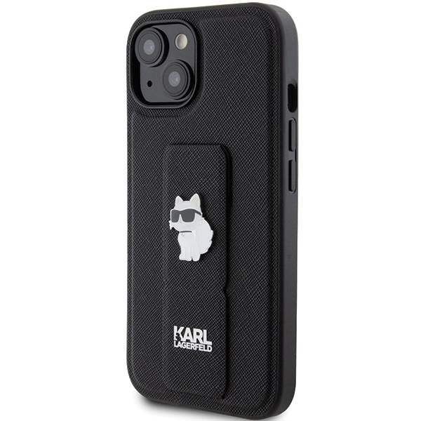 Etui Karl Lagerfeld Gripstand Saffiano Choupette Pins na iPhone 15 - czarne