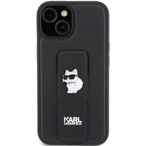 Etui Karl Lagerfeld Gripstand Saffiano Choupette Pins na iPhone 15 - czarne