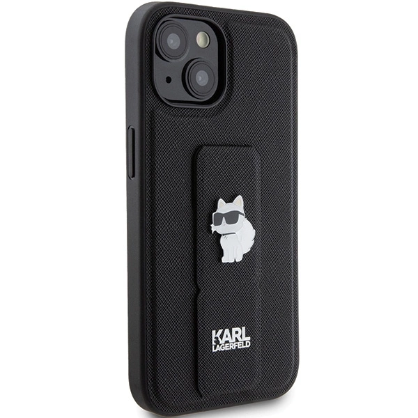 Etui Karl Lagerfeld Gripstand Saffiano Choupette Pins na iPhone 15 - czarne