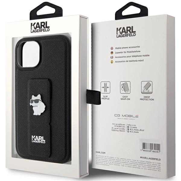 Etui Karl Lagerfeld Gripstand Saffiano Choupette Pins na iPhone 15 - czarne