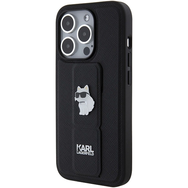 Etui Karl Lagerfeld Gripstand Saffiano Choupette Pins na iPhone 15 Pro Max - czarne
