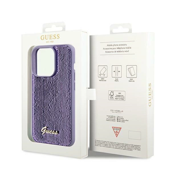 Etui Guess Sequin Script Metal na iPhone 13 Pro / 13 - fioletowe